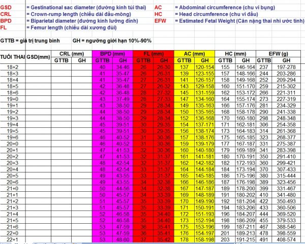 Bảng các chỉ số siêu âm thai nhi tiêu chuẩn